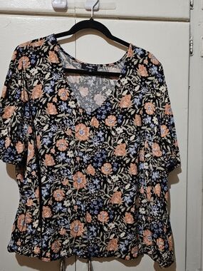 Angels Black Floral V-Neck Tunic with Peach & Blue Blooms